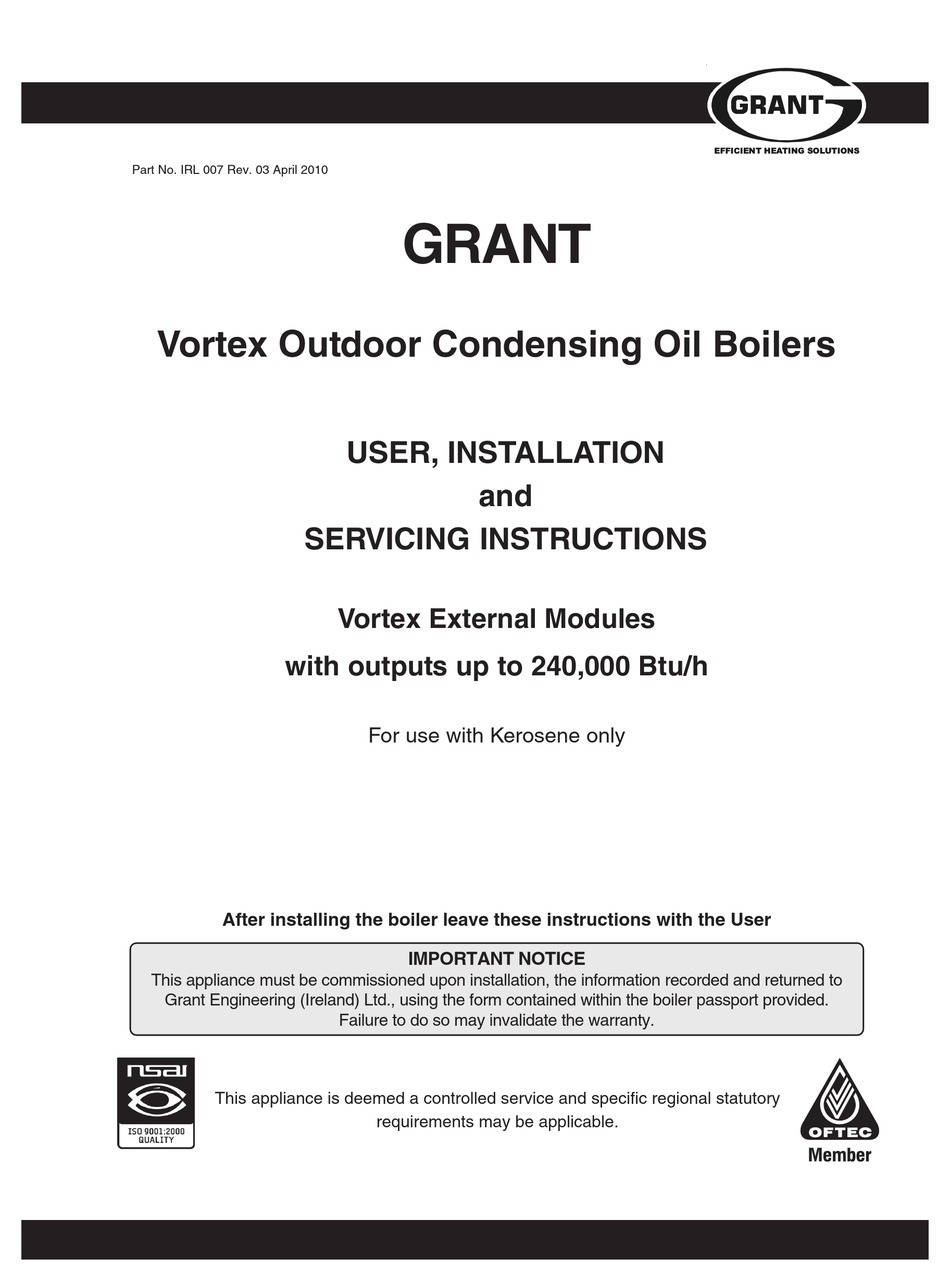 GRANT VORTEX 50/90 USER, INSTALLATION AND SERVICING INSTRUCTIONS Pdf