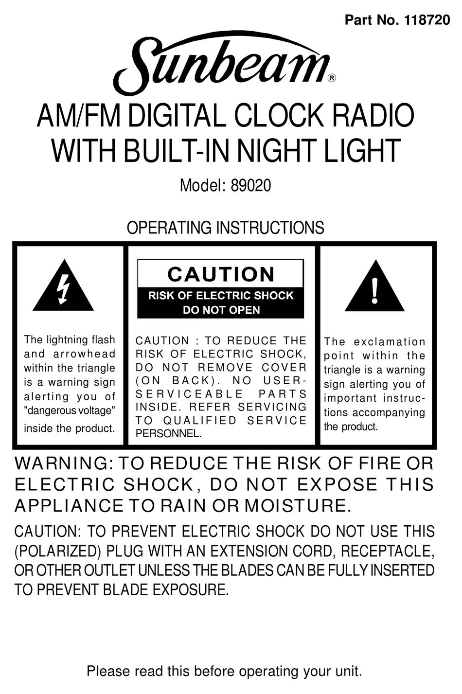 SUNBEAM 89020 OPERATING INSTRUCTIONS MANUAL Pdf Download ManualsLib
