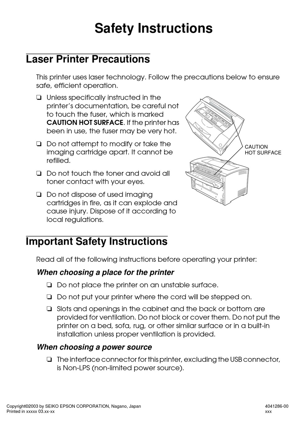 EPL-N2500 SAFETY INSTRUCTIONS Pdf | ManualsLib