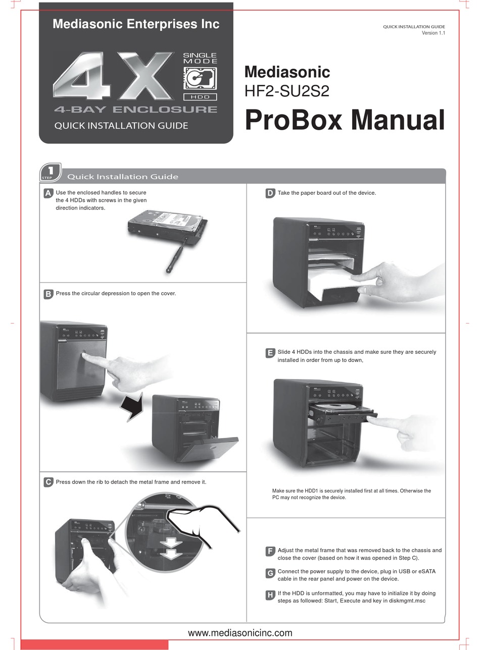 Mediasonic Hf2 Su2s2 Probox Quick Installation Manual Pdf Download Manualslib