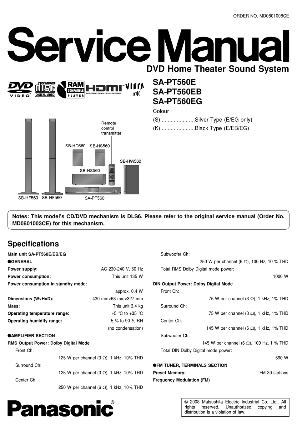 PANASONIC SA-PT560E SERVICE MANUAL Pdf Download | ManualsLib