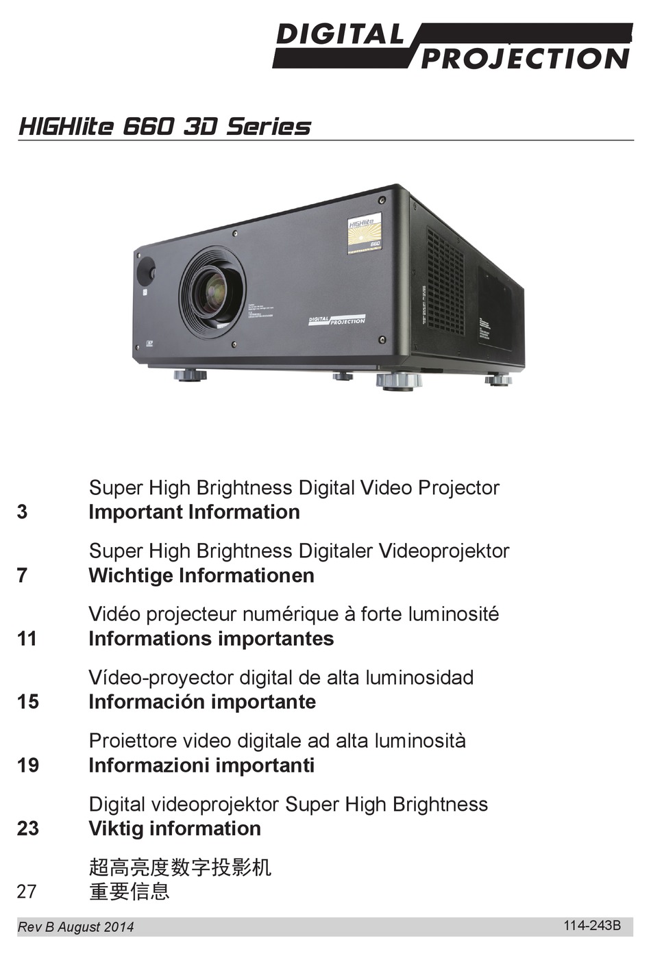 DIGITAL PROJECTION HIGHLITE 660 3D SERIES IMPORTANT INFORMATION MANUAL