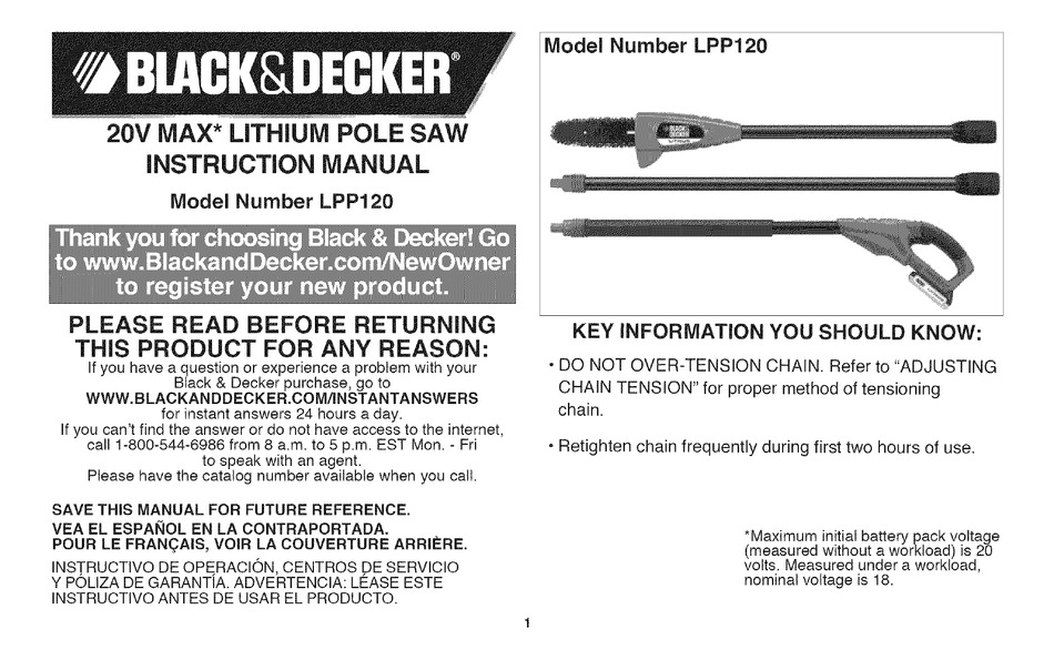 Black & Decker Cordless Lithium Pole Saw Lpp120