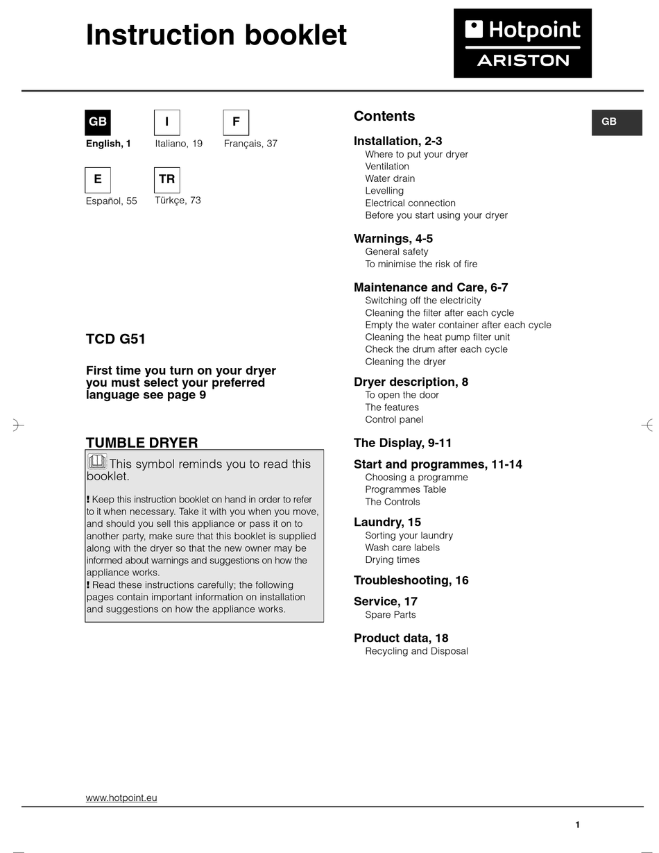 Hotpoint Ariston Tcd G51 Instruction Booklet Pdf Download Manualslib