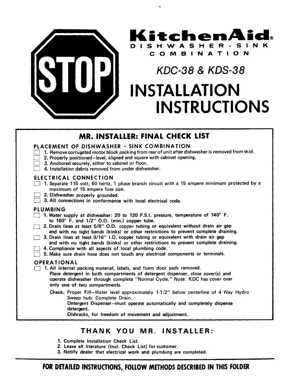 KITCHENAID KDC-38 INSTALLATION INSTRUCTIONS MANUAL Pdf Download