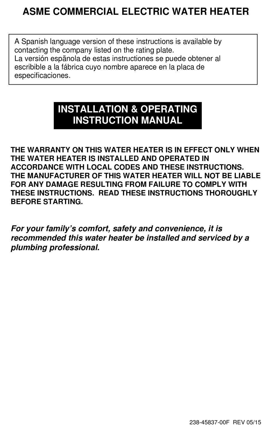 BRADFORD WHITE 45837F INSTALLATION & OPERATING INSTRUCTION MANUAL Pdf