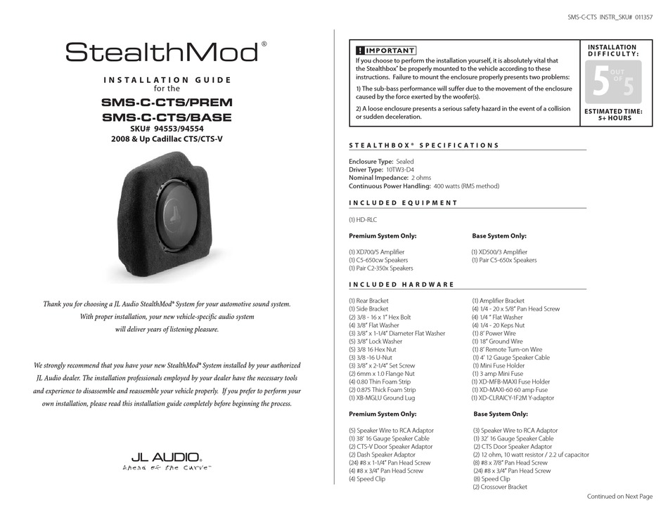Jl Audio Sms C Cts Prem Installation Manual Pdf Download Manualslib