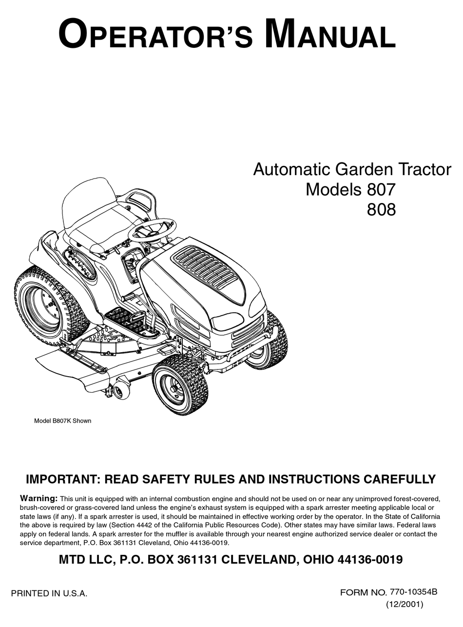 MTD 807 OPERATOR'S MANUAL Pdf Download | ManualsLib