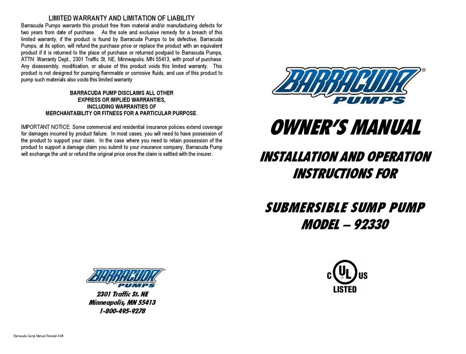 BARRACUDA 92330 OWNER'S MANUAL Pdf Download ManualsLib