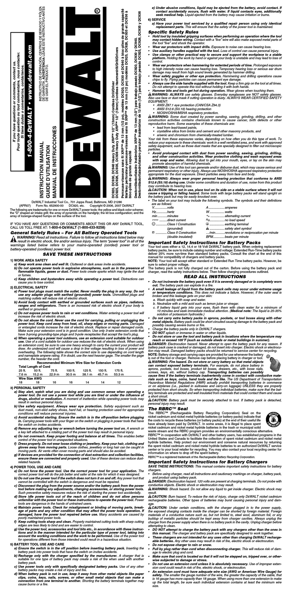 DEWALT DC930 INSTRUCTION MANUAL Pdf Download | ManualsLib