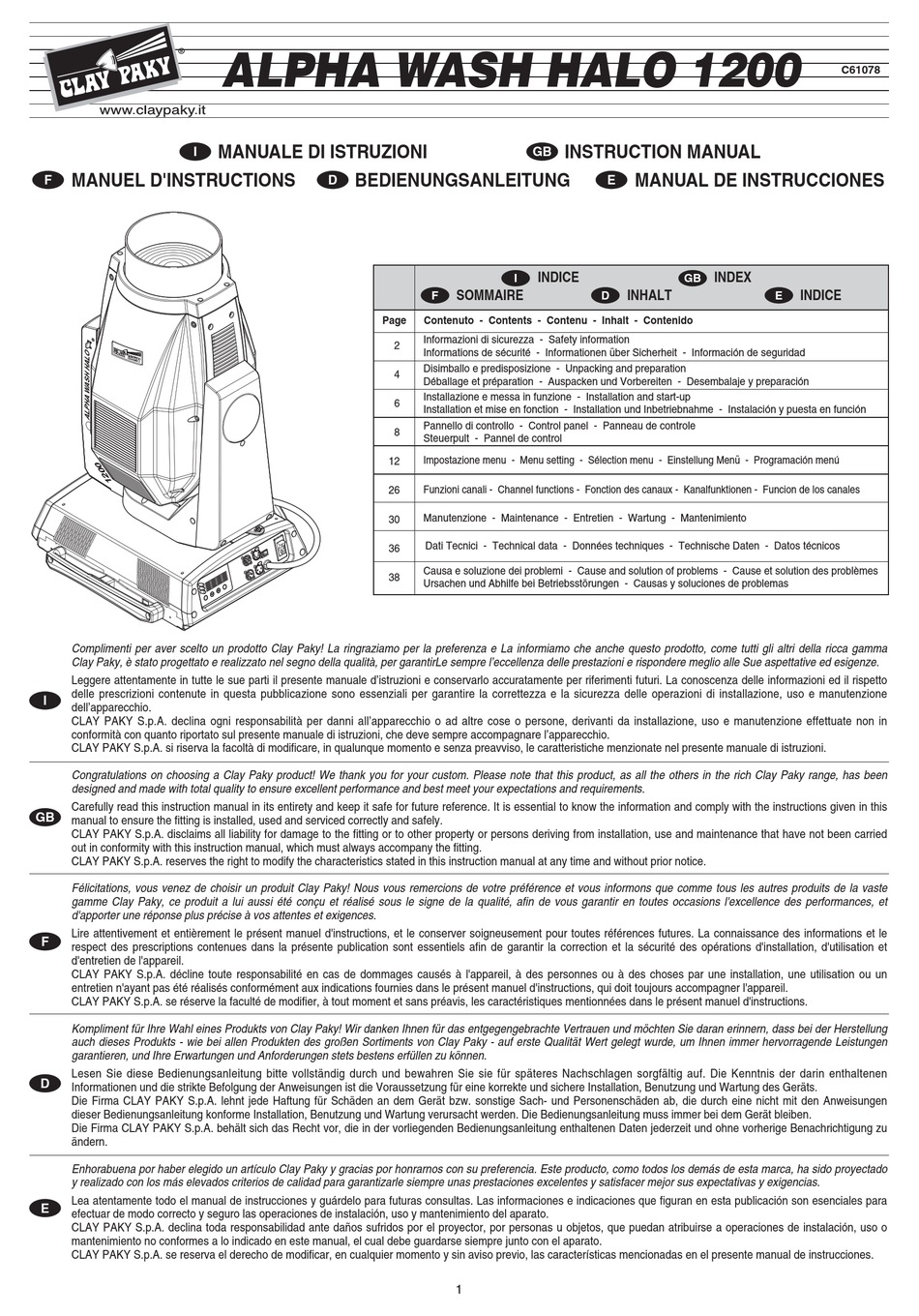 CLAY PAKY ALPHA WASH HALO 1200 INSTRUCTION MANUAL Pdf Download ManualsLib