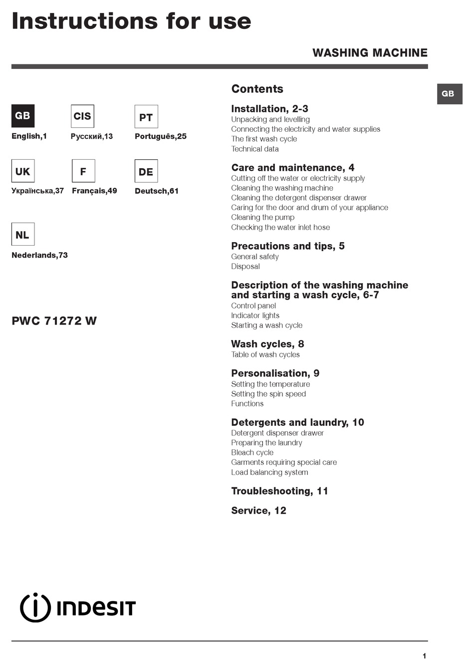 INDESIT PWC 71272 W INSTRUCTIONS FOR USE MANUAL Pdf Download | ManualsLib