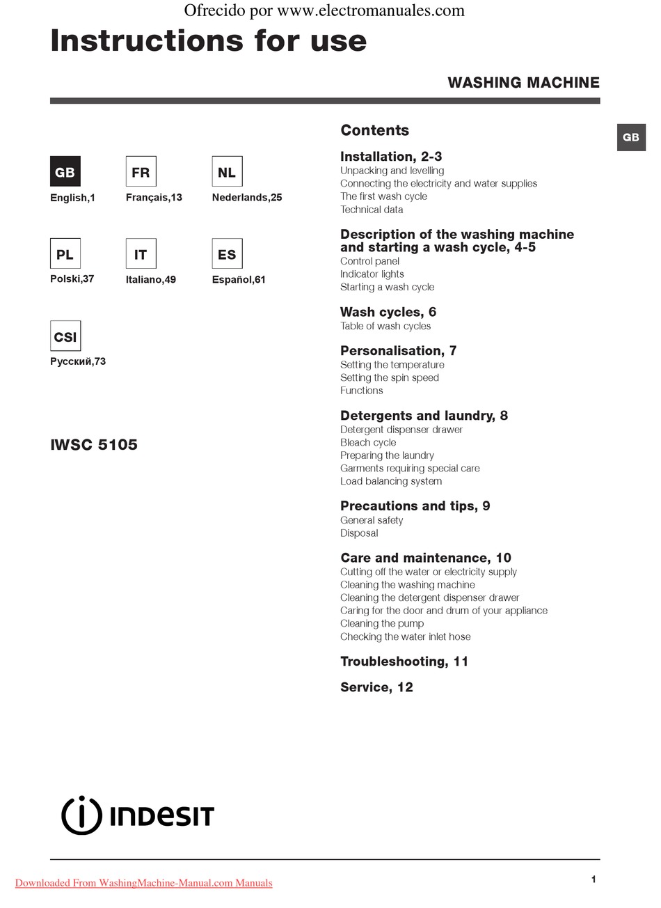 INDESIT IWSC 5105 INSTRUCTIONS FOR USE MANUAL Pdf Download | ManualsLib