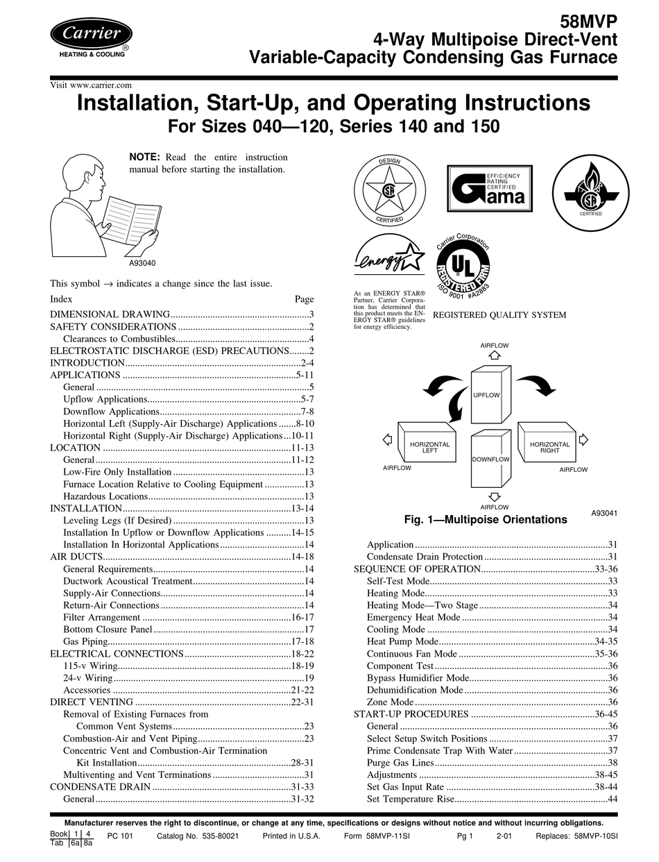 CARRIER 58MVP080 INSTALLATION, START-UP, AND OPERATING INSTRUCTIONS