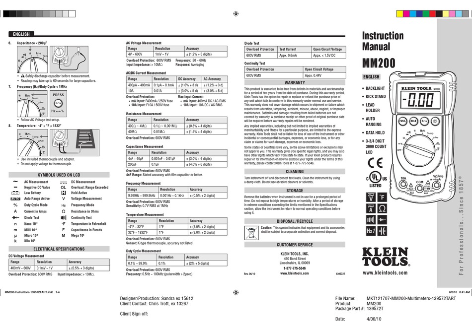 KLEIN TOOLS MM200 INSTRUCTION MANUAL Pdf Download | ManualsLib