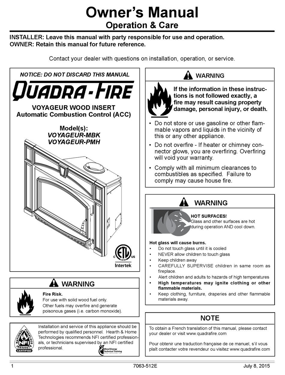 QUADRA-FIRE VOYAGEUR-MBK OWNER'S MANUAL Pdf Download | ManualsLib