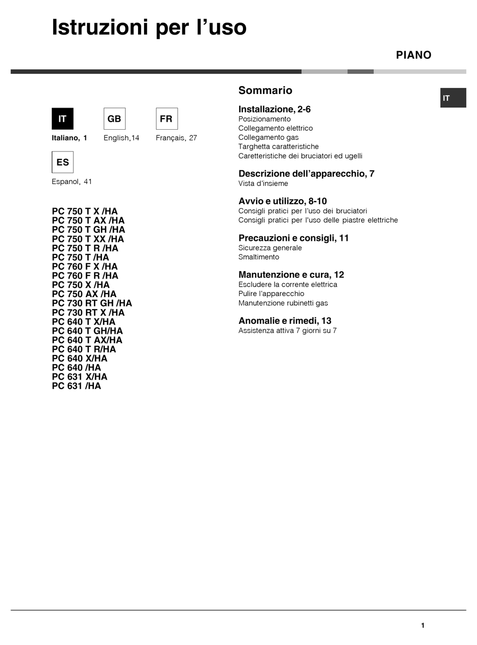 Avvio E Utilizzo - Hotpoint Ariston PC 750 T X /HA Operating Instructions  Manual [Page 8] | ManualsLib