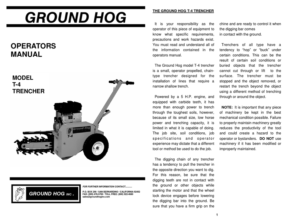 GROUND HOG T4 OPERATOR'S MANUAL Pdf Download ManualsLib