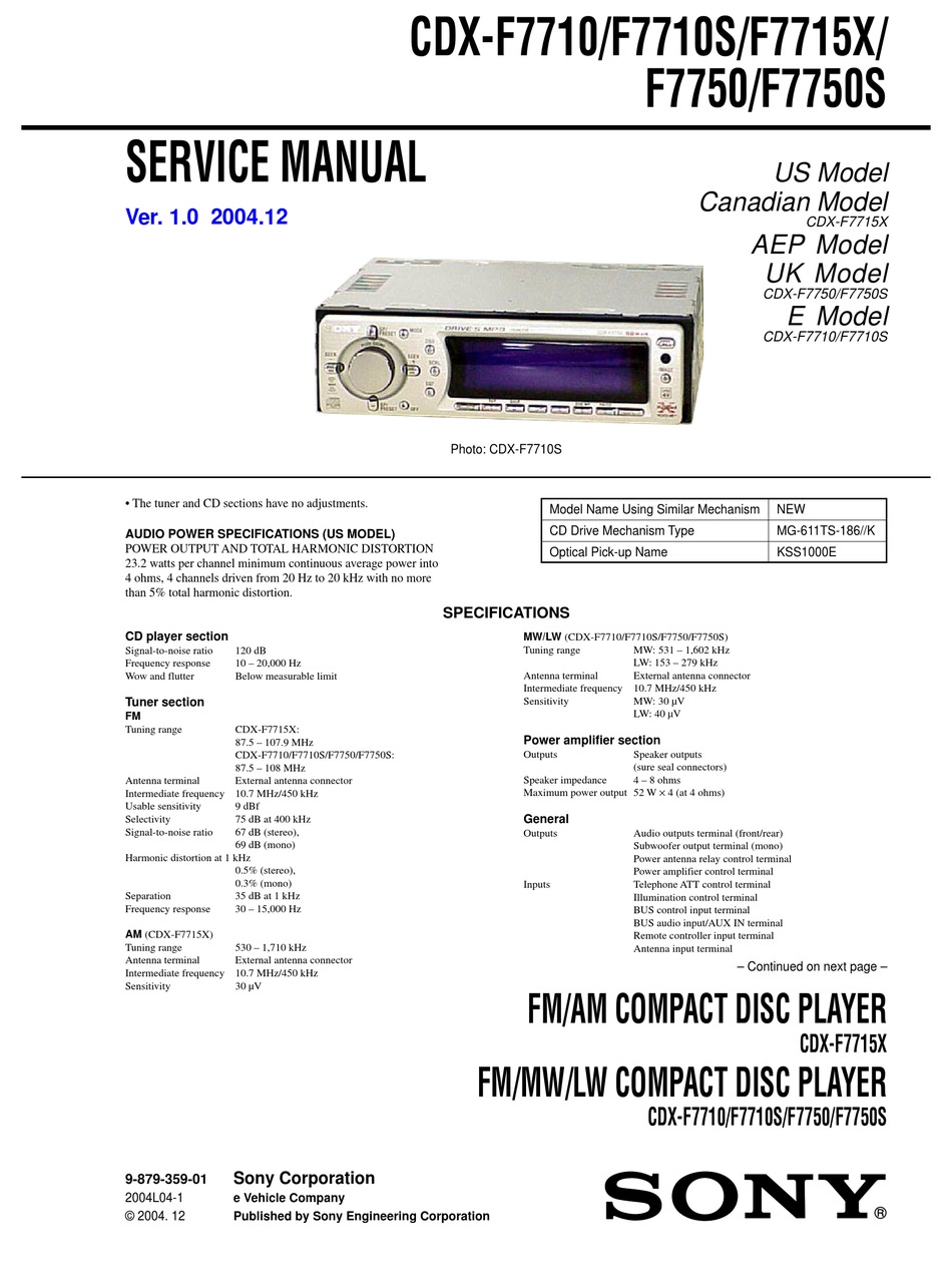 SONY CDX-F7710S SERVICE MANUAL Pdf Download | ManualsLib