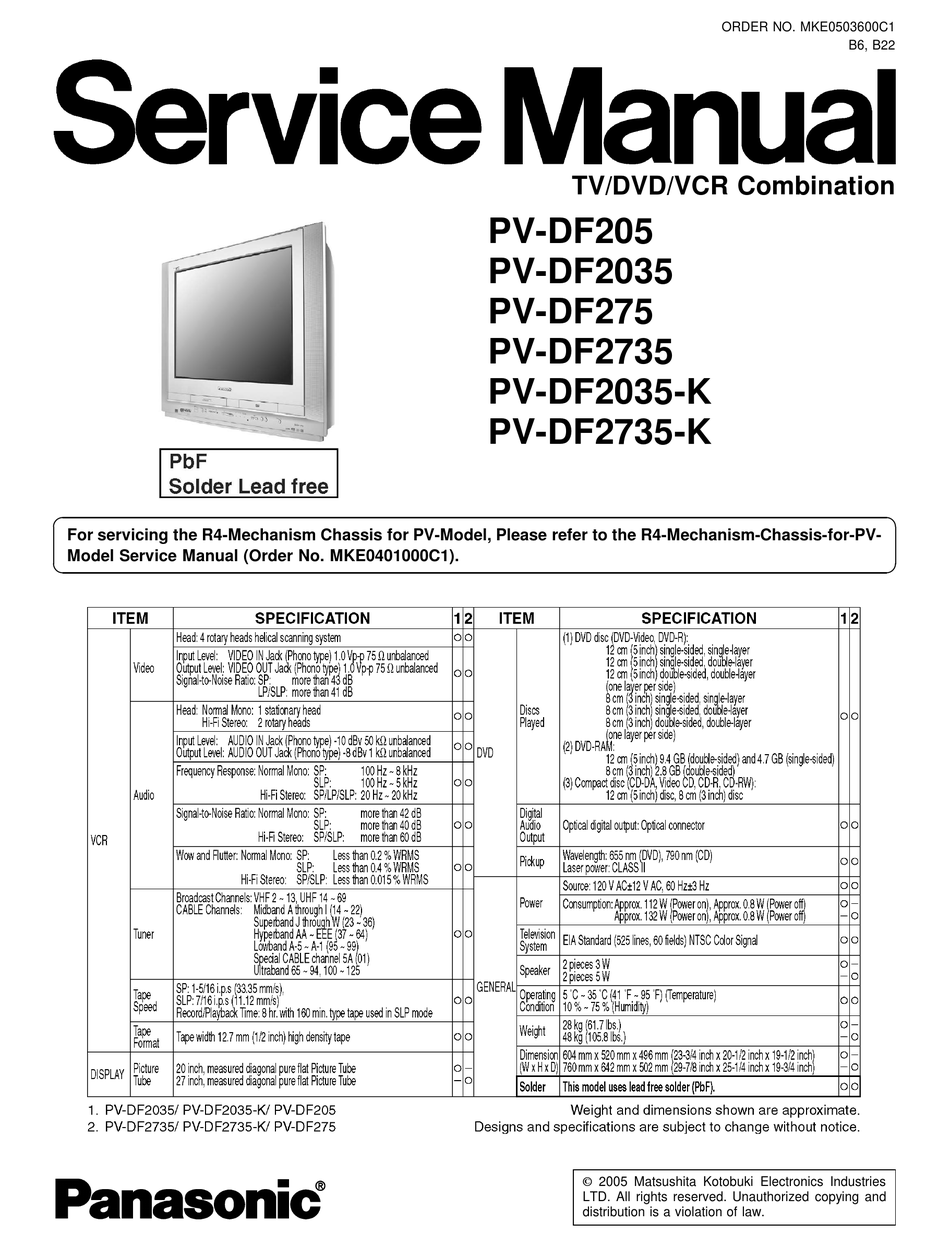 PANASONIC PV-DF2035 SERVICE MANUAL Pdf Download | ManualsLib