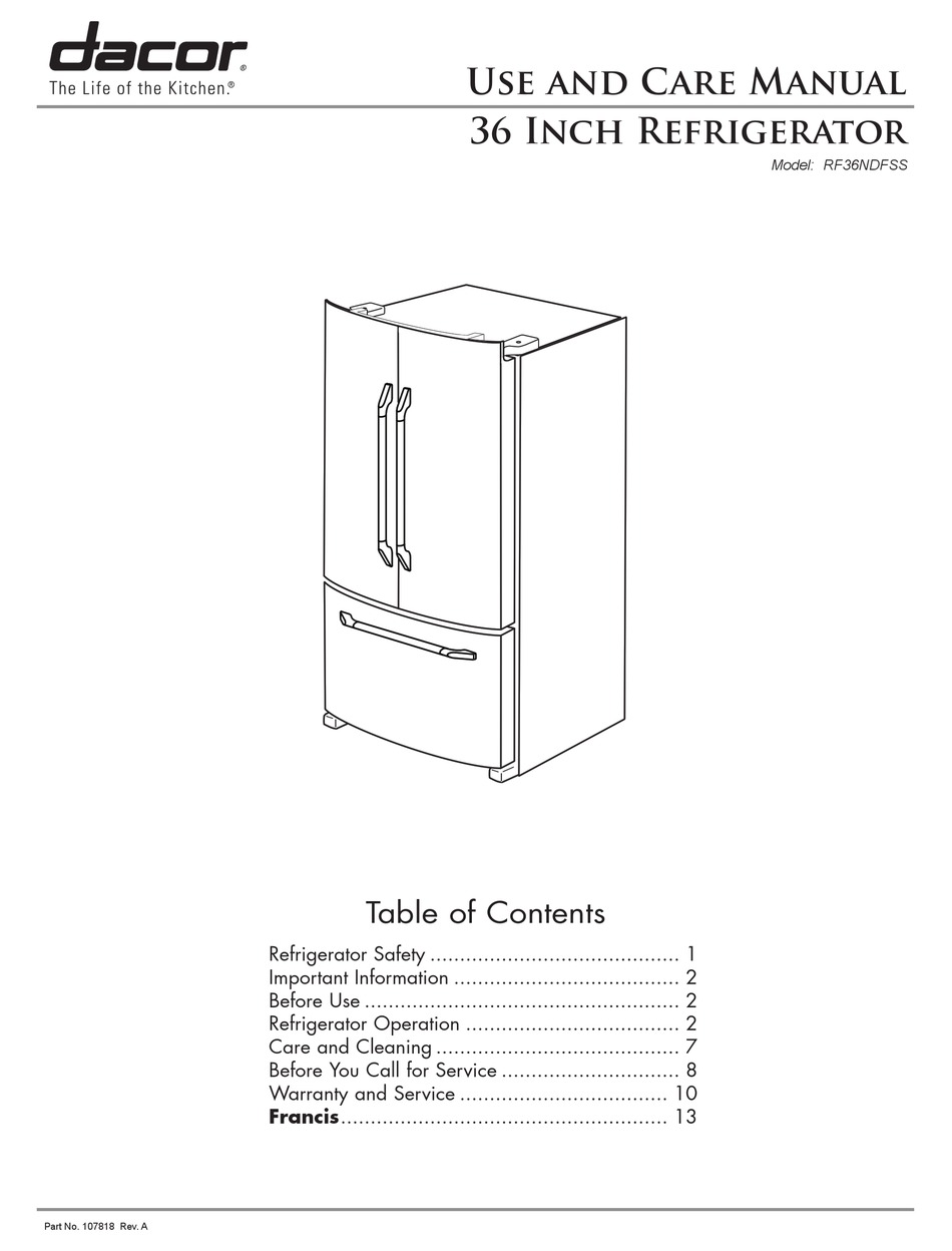 Dacor Rf36ndfss Use And Care Manual Pdf Download Manualslib