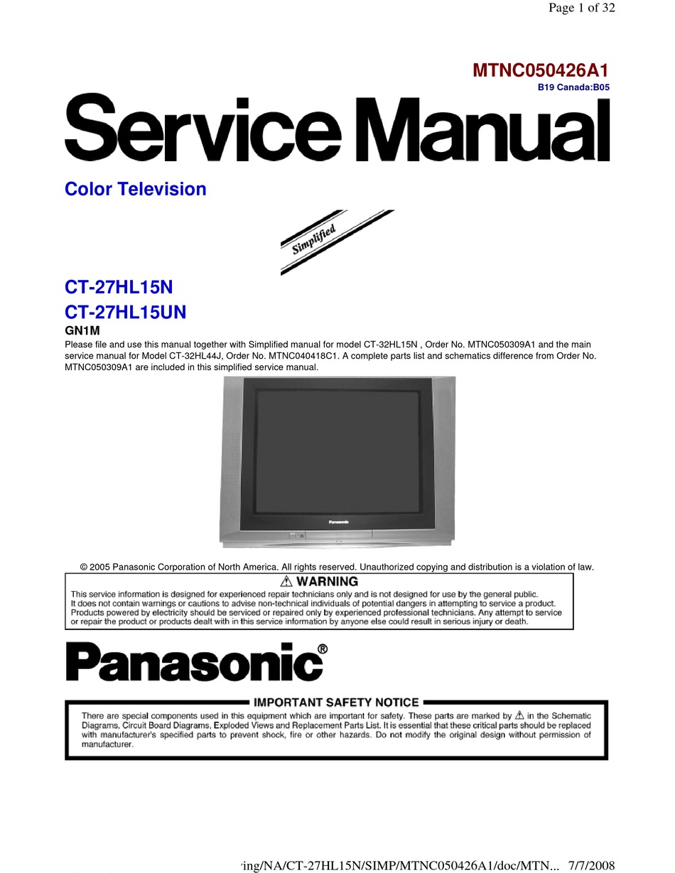 PANASONIC CT-27HL15N SERVICE MANUAL Pdf Download | ManualsLib