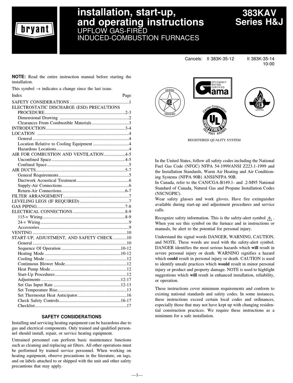 BRYANT 383KAV INSTALLATION, STARTUP, AND OPERATING INSTRUCTIONS MANUAL