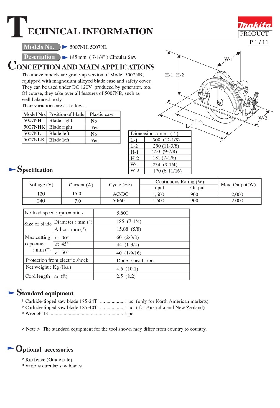 MAKITA 5007NH TECHNICAL INFORMATION Pdf 