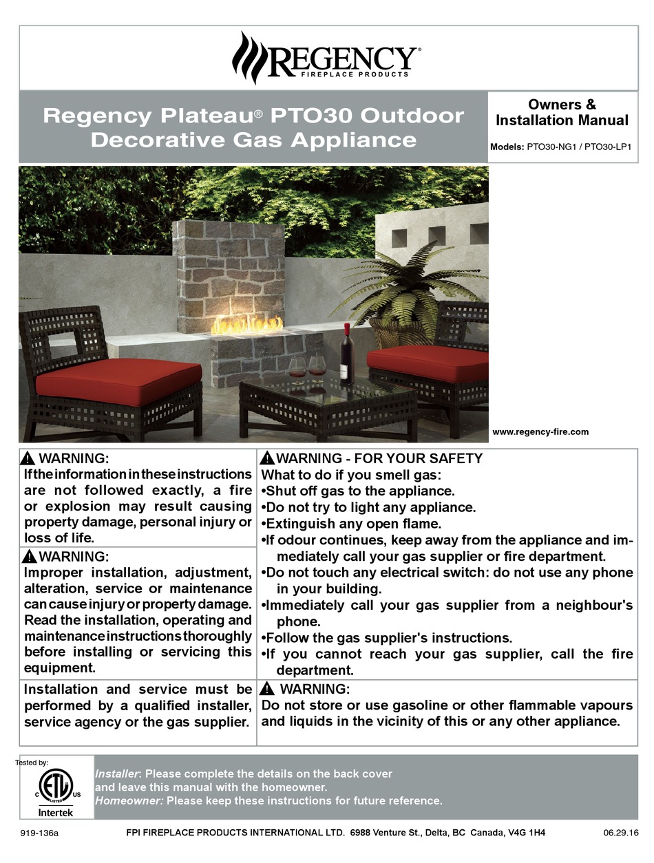 REGENCY PTO30NG1 OWNERS & INSTALLATION MANUAL Pdf Download ManualsLib
