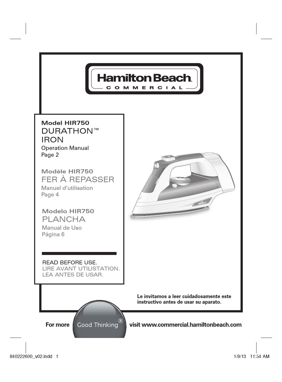 HAMILTON BEACH HIR750 DURATHON IRON OPERATION MANUAL Pdf Download ...