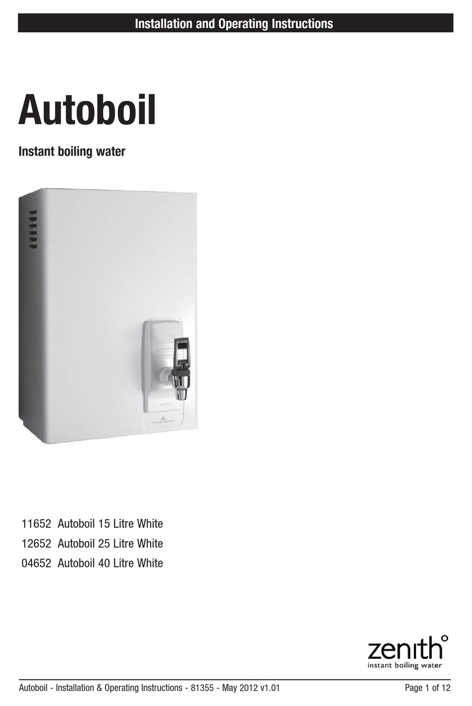 ZENITH 11652 AUTOBOIL INSTALLATION & OPERATING INSTRUCTIONS MANUAL Pdf