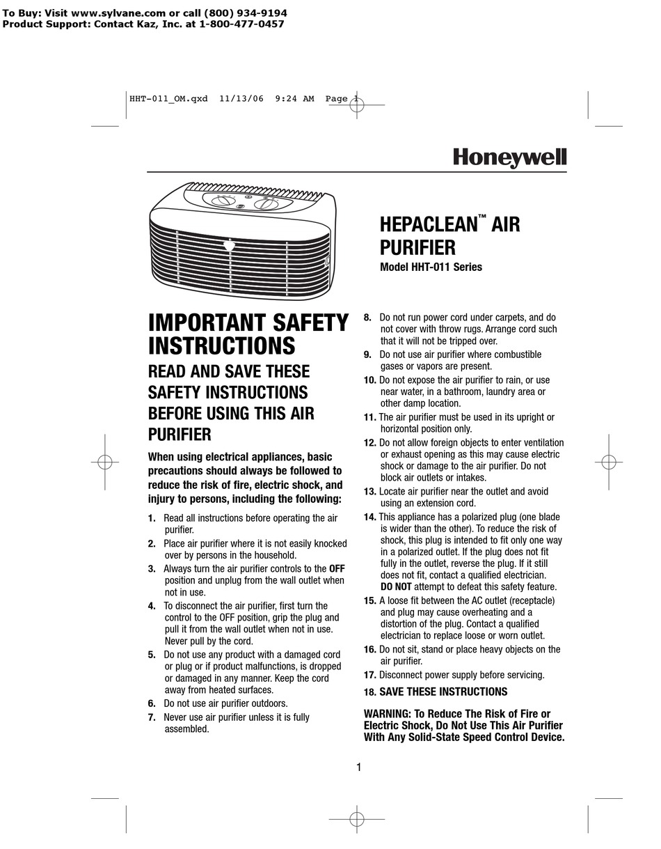 HONEYWELL HEPACLEAN HHT-011 SERIES SAFETY INSTRUCTIONS Pdf Download