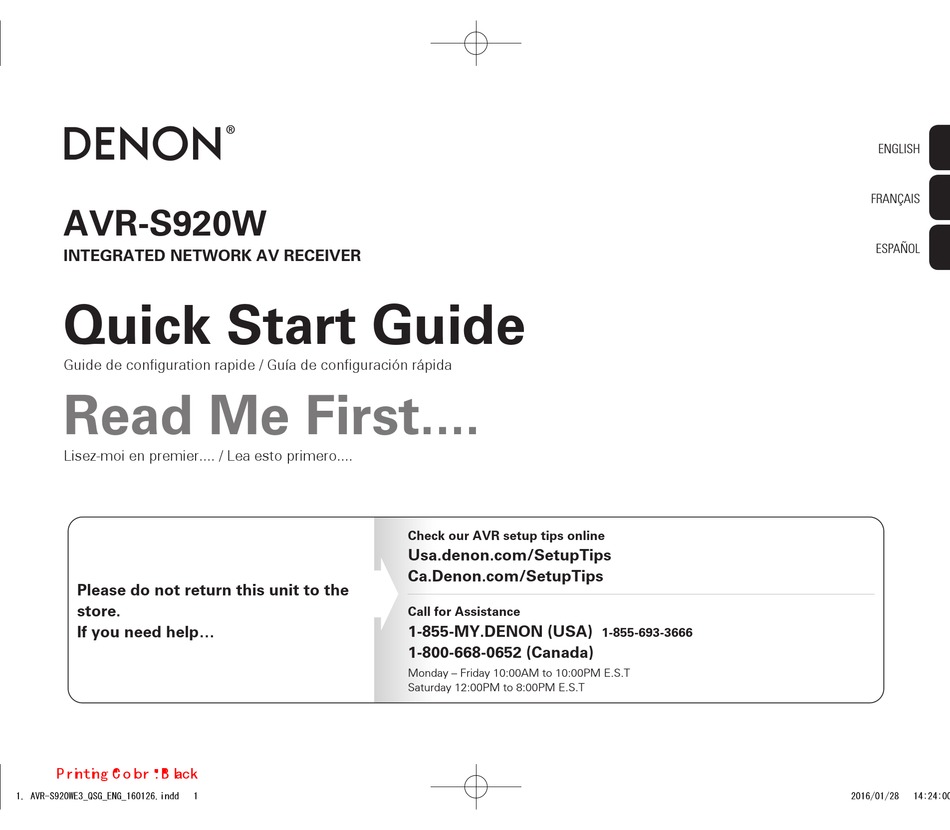 Denon Avr S920W Quick Start Guide