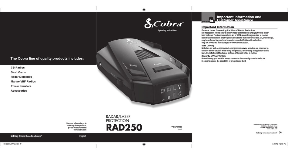 COBRA RAD250 OPERATING INSTRUCTIONS MANUAL Pdf Download ManualsLib