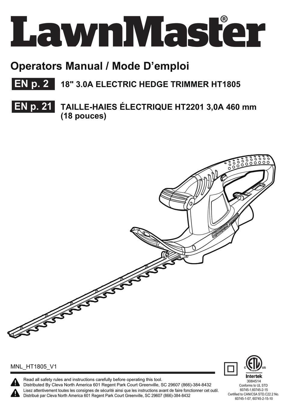 LAWNMASTER HT1805 OPERATOR'S MANUAL Pdf Download ManualsLib