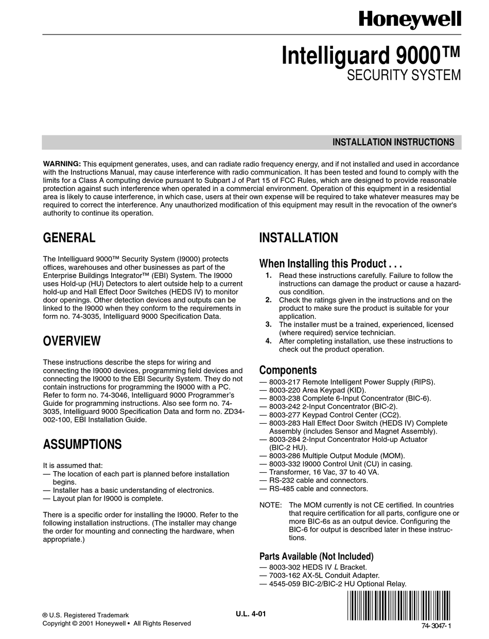 HONEYWELL INTELLIGUARD 9000 INSTALLATION INSTRUCTIONS MANUAL Pdf