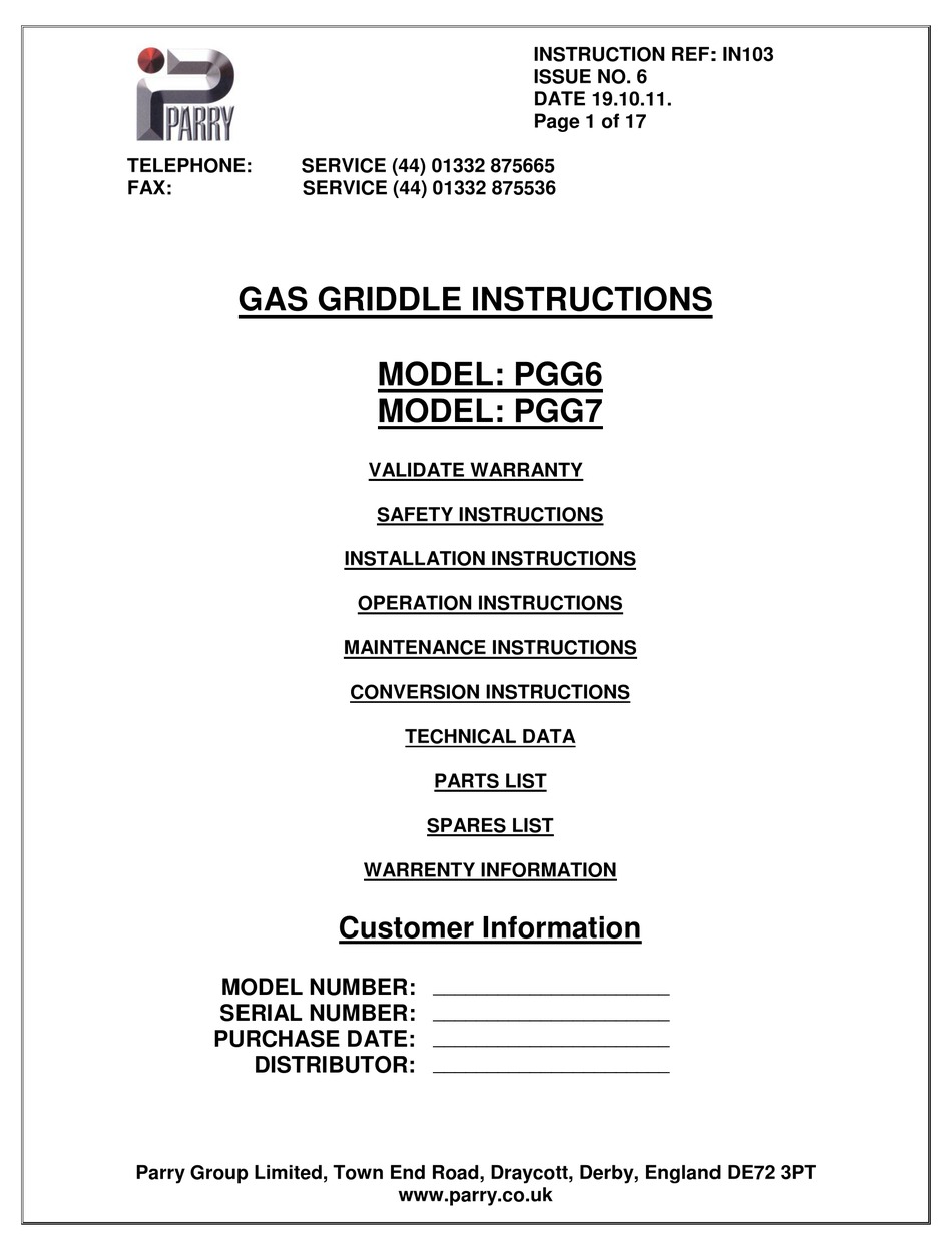 PARRY PGG6 INSTRUCTIONS MANUAL Pdf Download ManualsLib