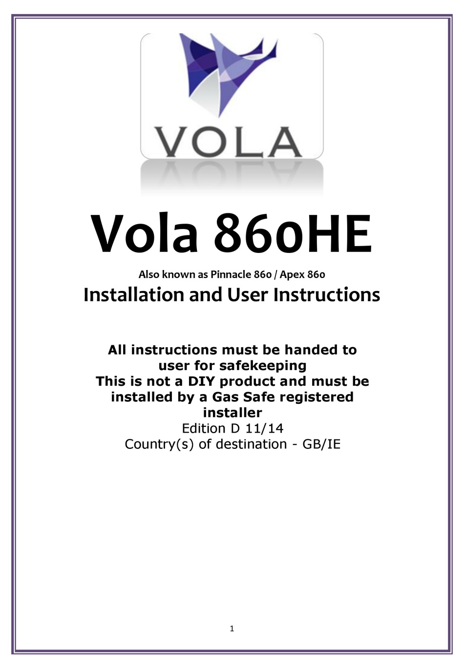 Vola 860he Installation And User Instructions Manual Pdf Download Manualslib