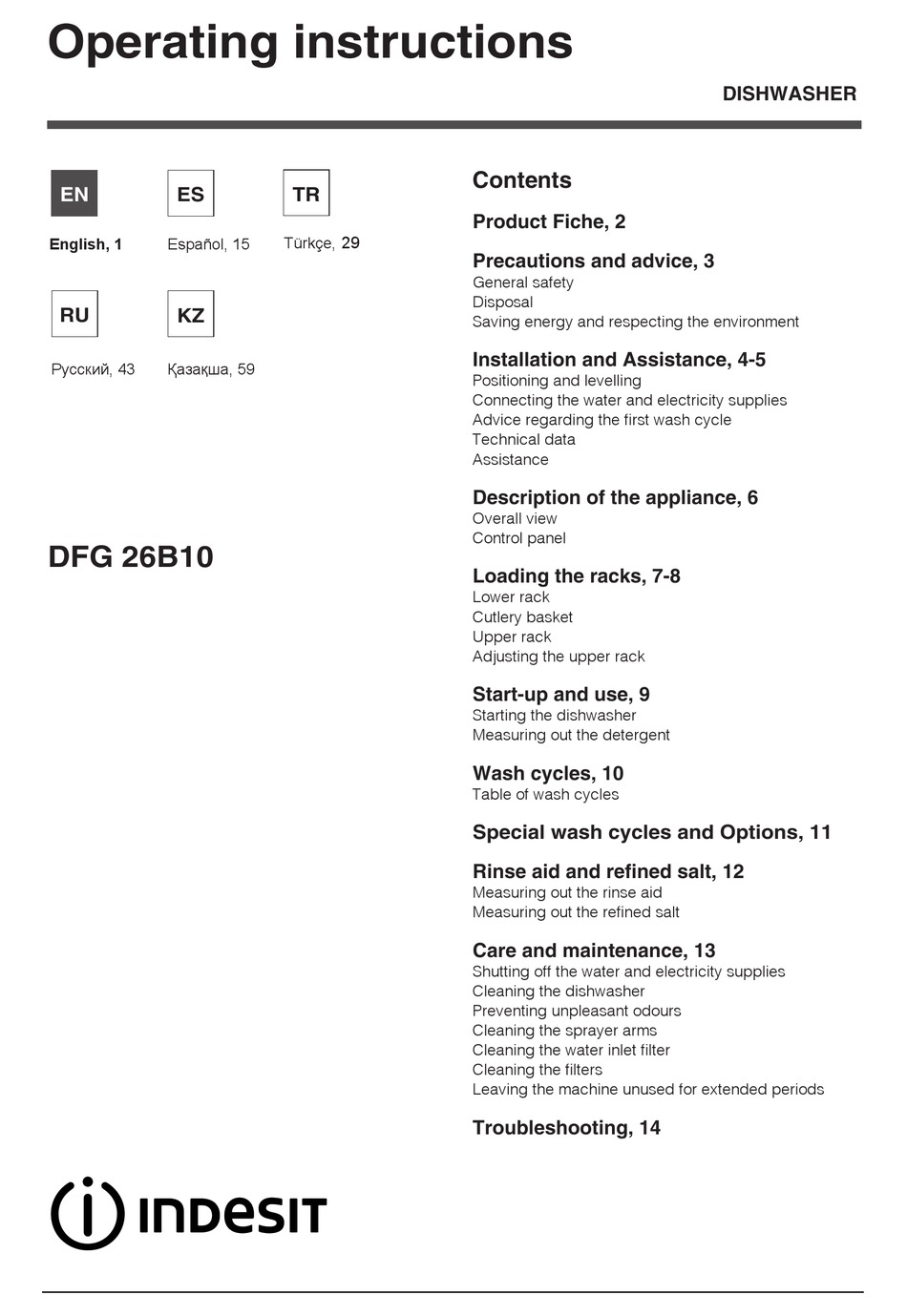 INDESIT DFG 26B10 OPERATING INSTRUCTIONS MANUAL Pdf Download | ManualsLib