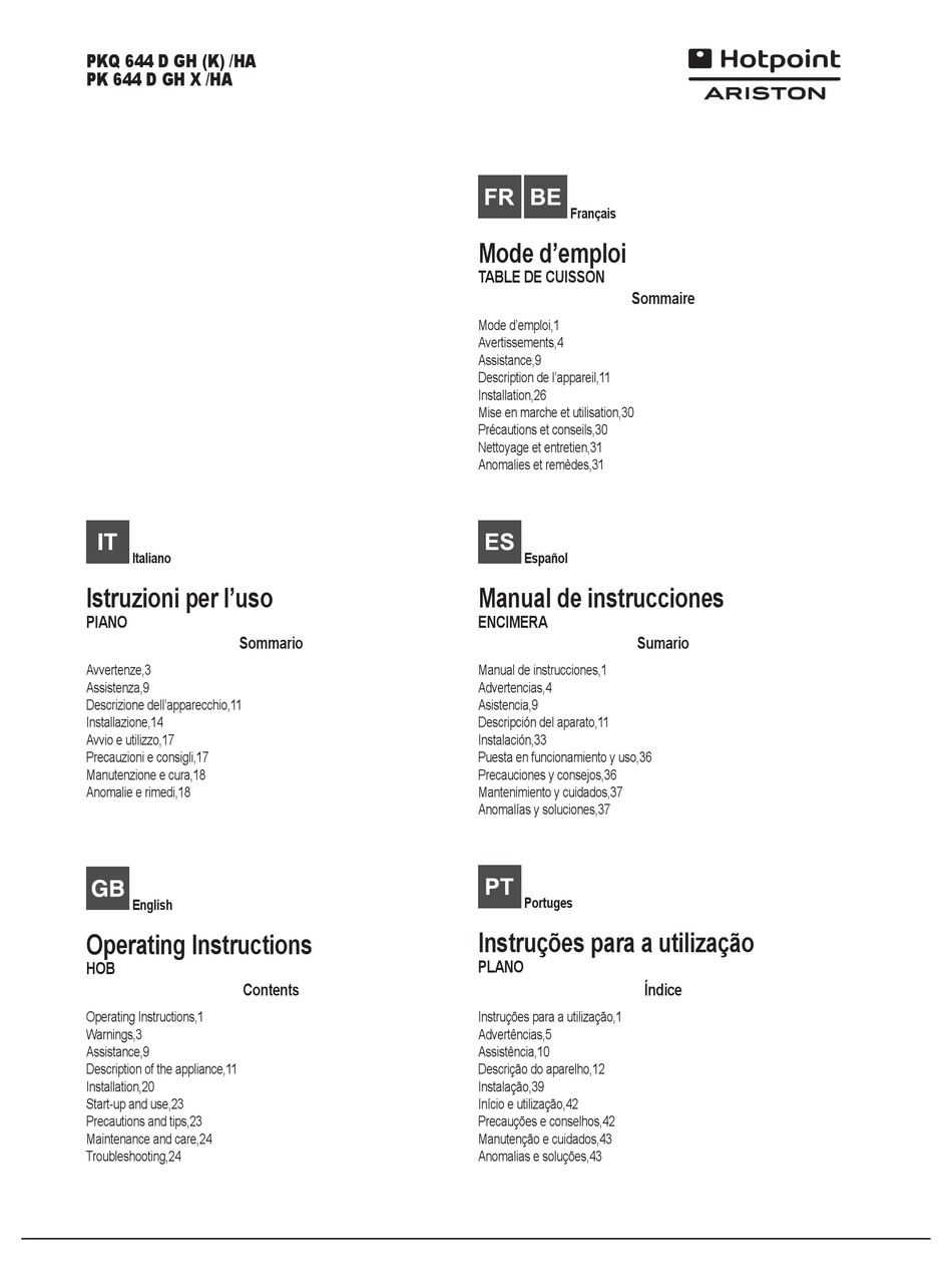 HOTPOINT ARISTON PKQ 644 D GH (K) /HA OPERATING INSTRUCTIONS MANUAL Pdf ...