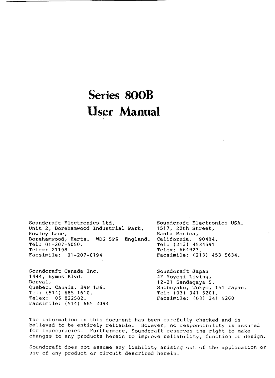 SOUNDCRAFT 800B USER MANUAL Pdf Download ManualsLib