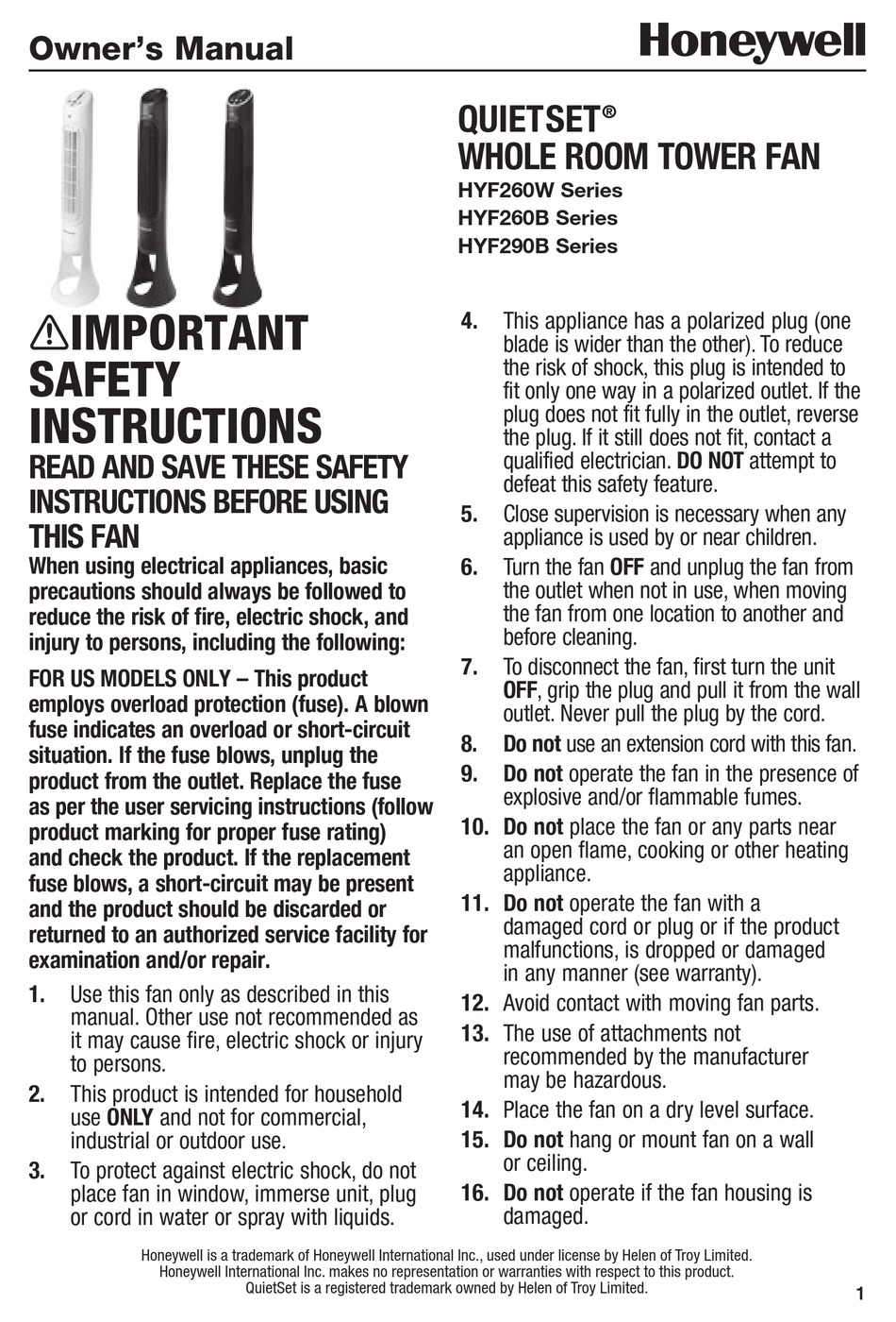 Honeywell Hyf260w Series Owner S Manual Pdf Download Manualslib