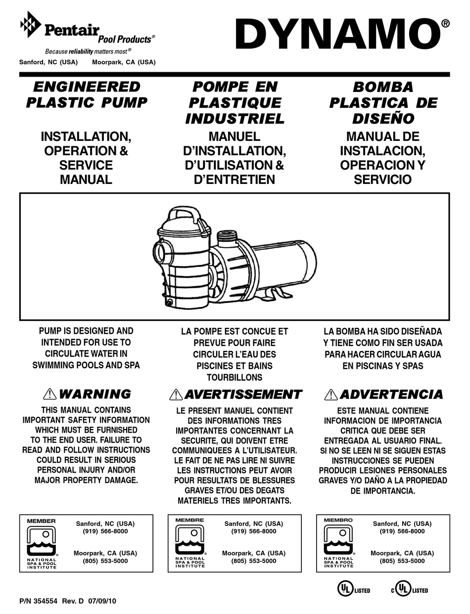 PENTAIR DYNAMO INSTALLATION, OPERATION & SERVICE MANUAL Pdf Download