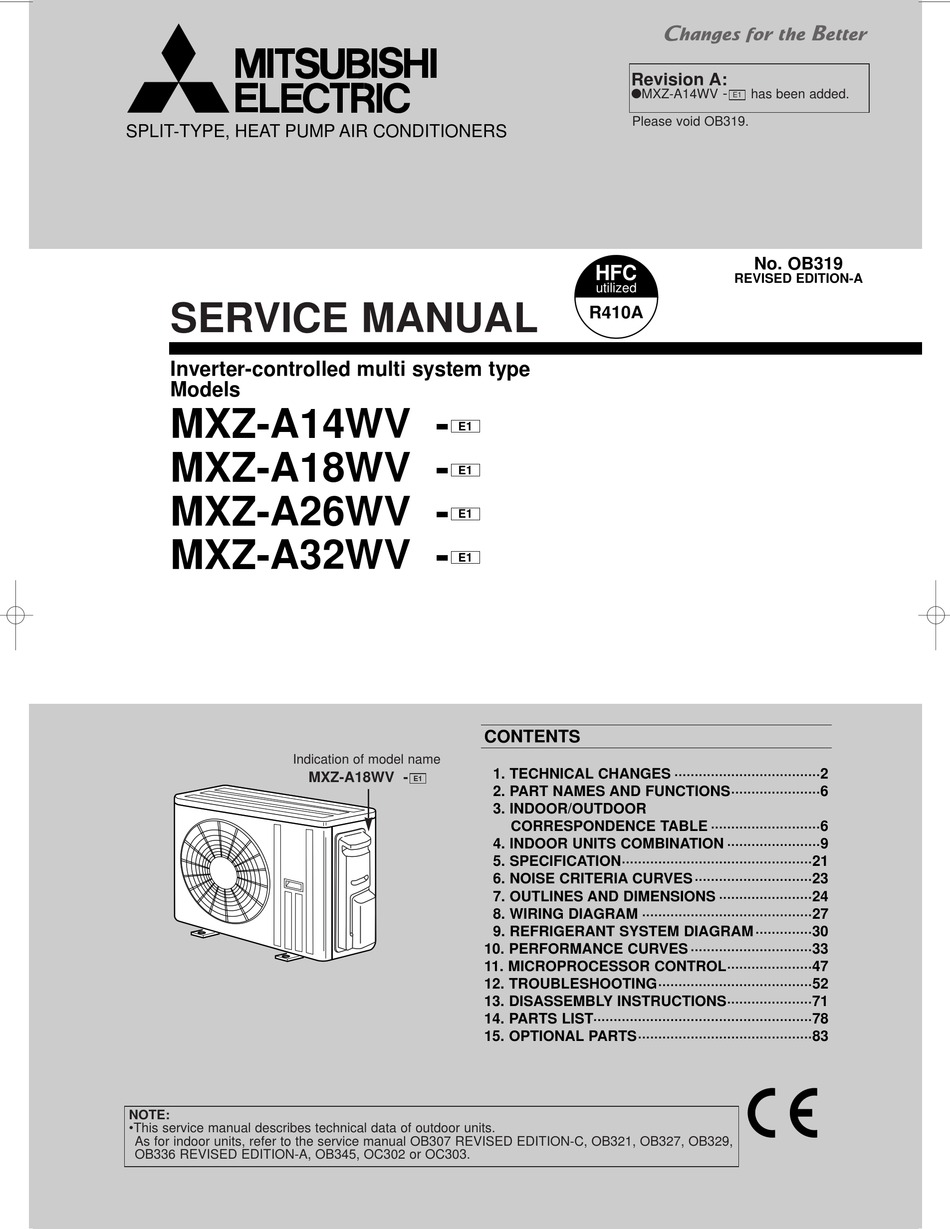 MITSUBISHI ELECTRIC MXZ-A14WV SERVICE MANUAL Pdf Download | ManualsLib