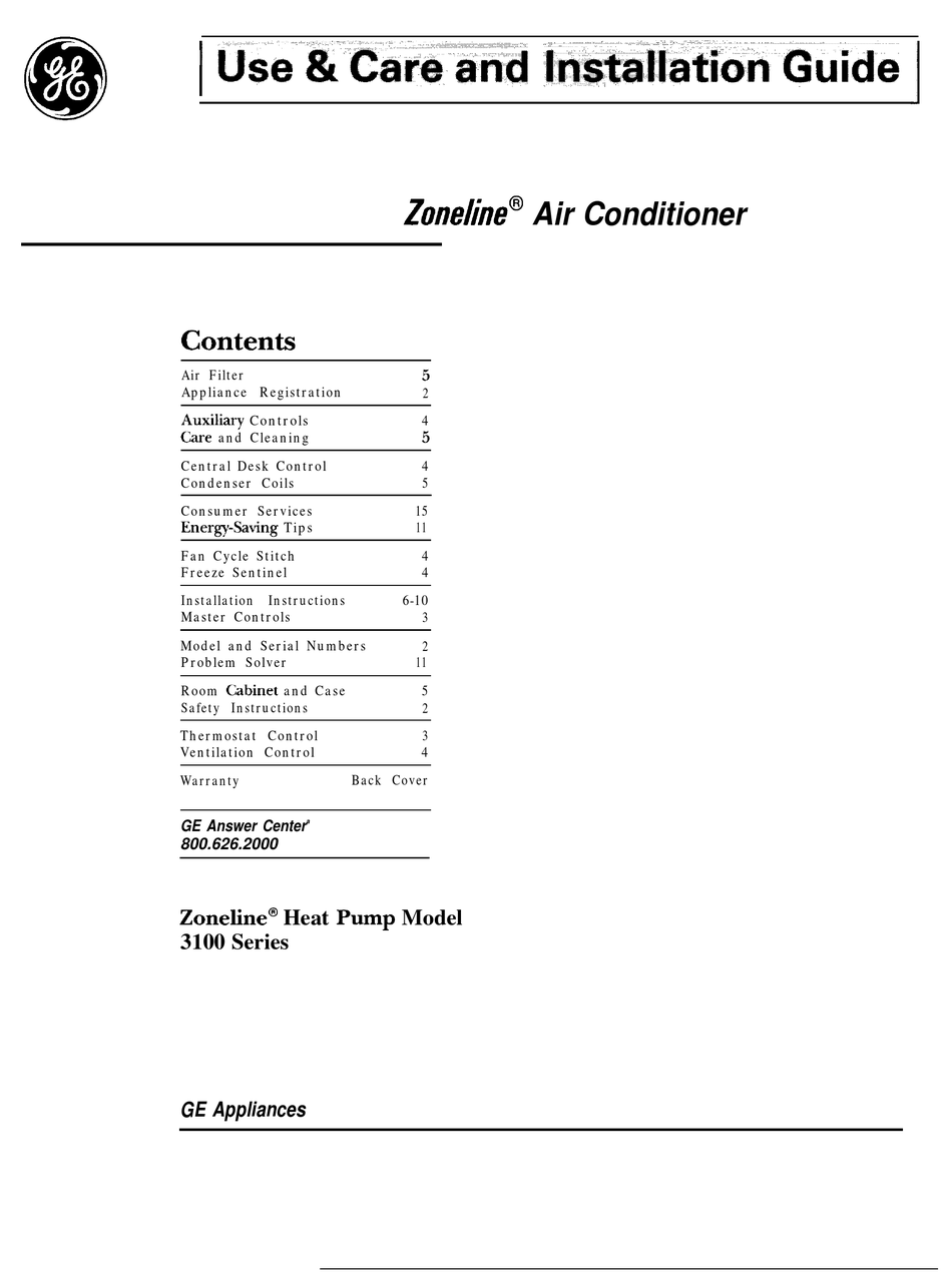 GE ZONELINE 3100 SERIES USE AND CARE AND INSTALLATION MANUAL Pdf