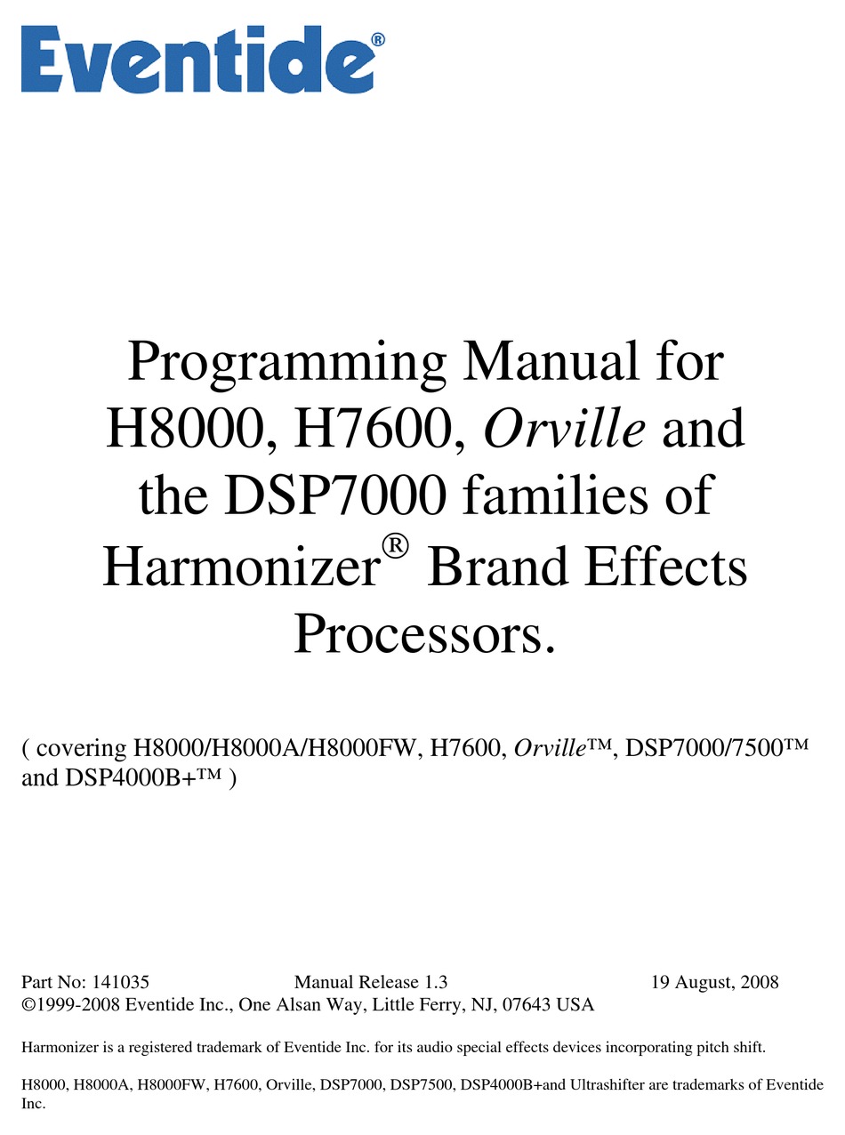 EVENTIDE HARMONIZER H8000 PROGRAMMING MANUAL Pdf Download | ManualsLib