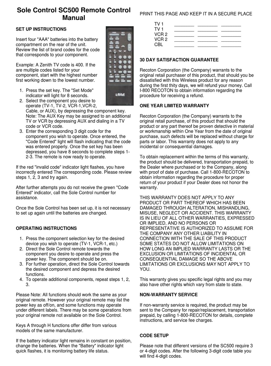 SOLE CONTROL SC500 USER MANUAL Pdf Download ManualsLib