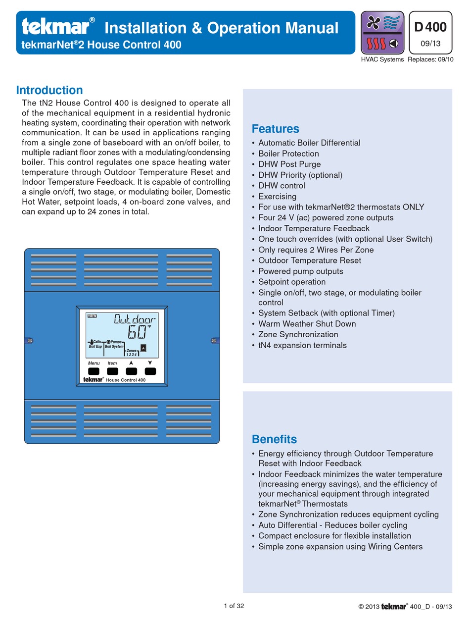 TEKMAR TN2 HOUSE CONTROL 400 INSTALLATION AND OPERATION MANUAL Pdf ...