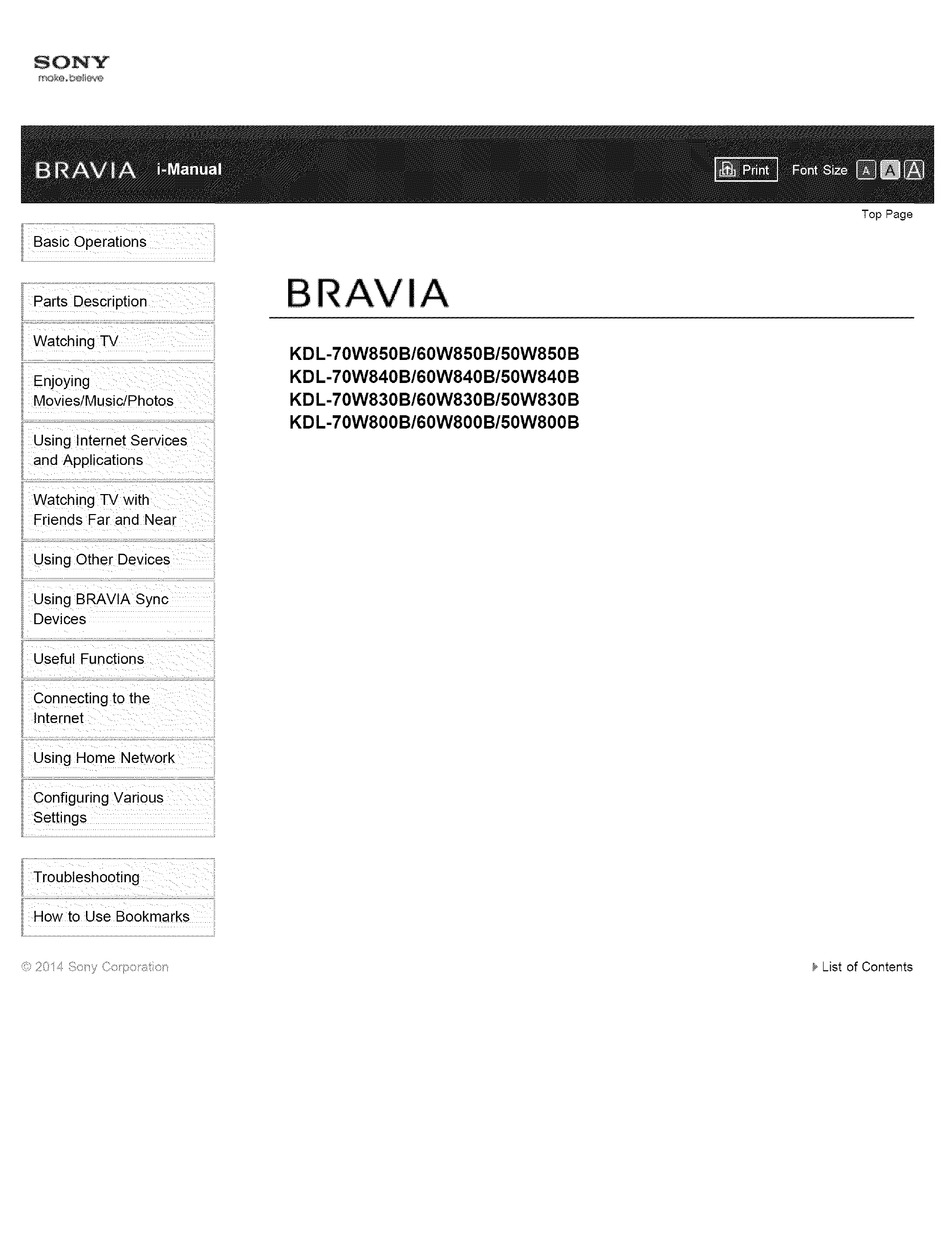SONY BRAVIA KDL-70W850B MANUAL Pdf Download | ManualsLib