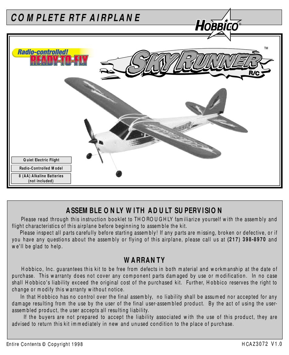 HOBBICO SKY RUNNER R/C ASSEMBLY INSTRUCTION MANUAL Pdf Download ...